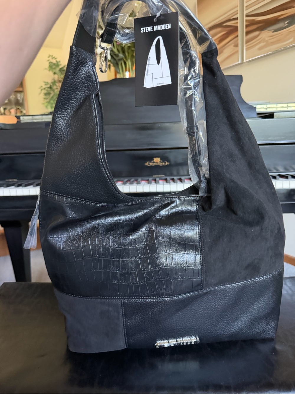 Steve Madden Black Mixed-Texture Hobo Bag